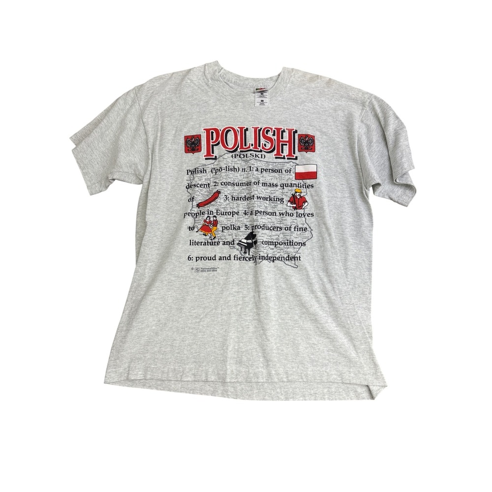 Vintage Fruit of the Loom Polish Definition T-Shirt XL Gray Made in USA Tee